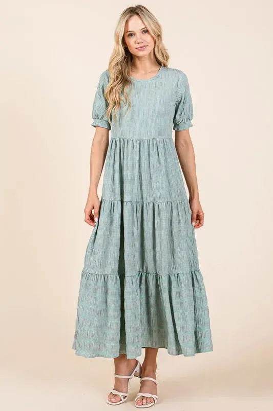 BOMBOM Textured Short Sleeve Tiered Dress - Velveta Studio