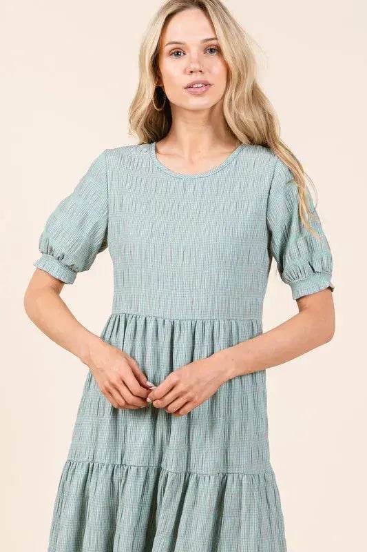 BOMBOM Textured Short Sleeve Tiered Dress - Velveta Studio