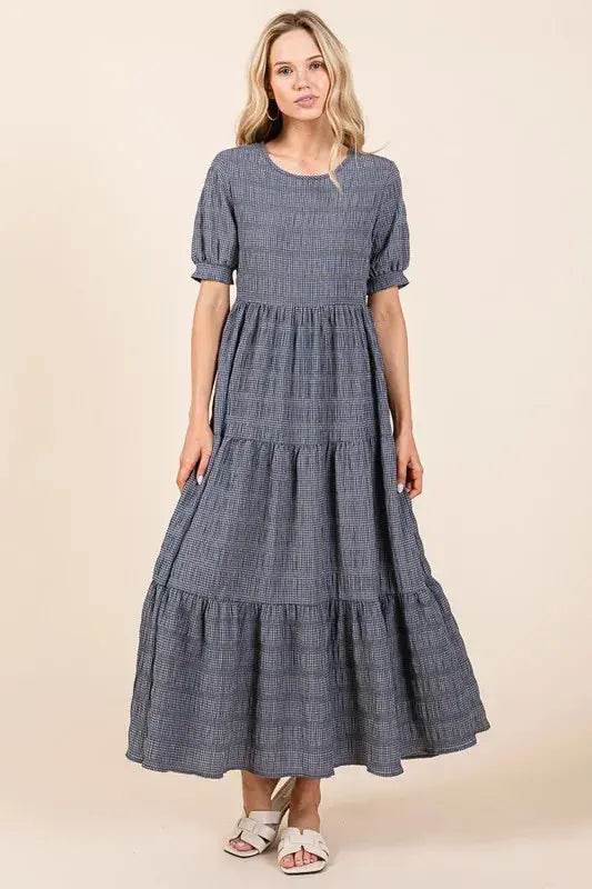 BOMBOM Textured Short Sleeve Tiered Dress - Velveta Studio