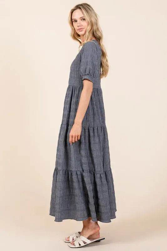 BOMBOM Textured Short Sleeve Tiered Dress - Velveta Studio