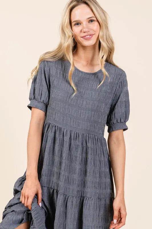 BOMBOM Textured Short Sleeve Tiered Dress - Velveta Studio