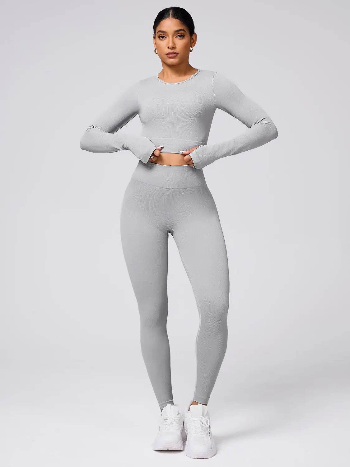 Back Crisscross Round Neck Long Sleeve Top and Leggings Active Set - Velveta Studio