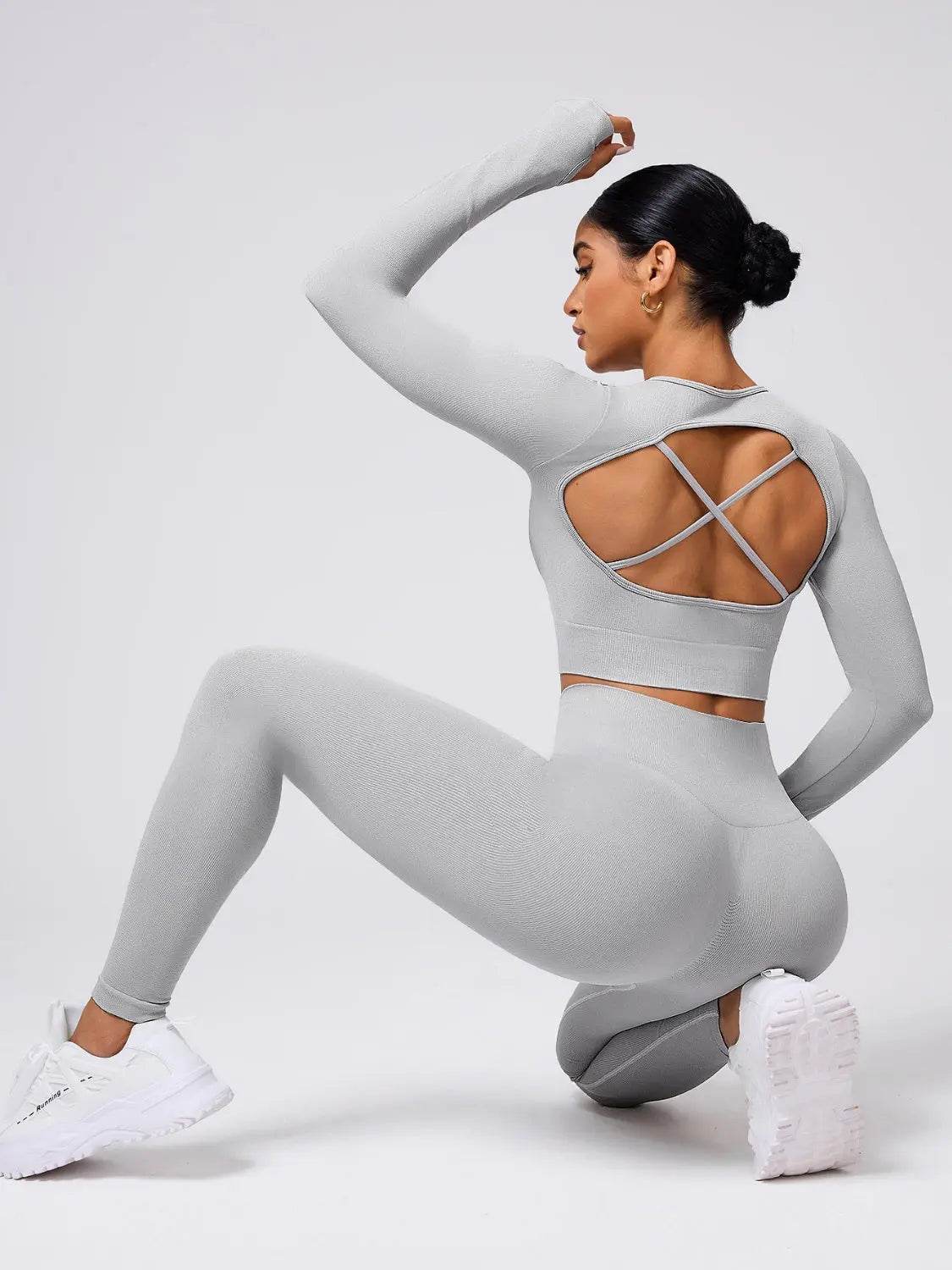 Back Crisscross Round Neck Long Sleeve Top and Leggings Active Set - Velveta Studio