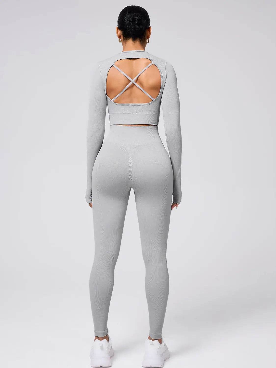 Back Crisscross Round Neck Long Sleeve Top and Leggings Active Set - Velveta Studio