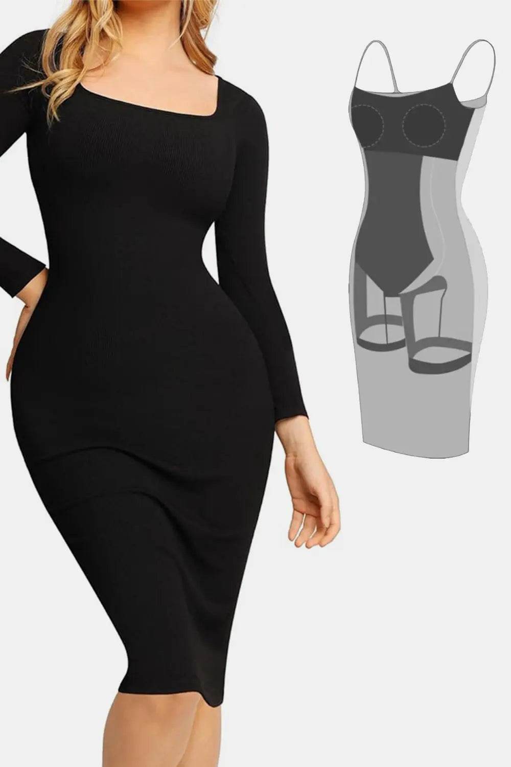 Basic Bae Full Size Built-In Shapewear Square Neck Long Sleeve Dress - Velveta Studio