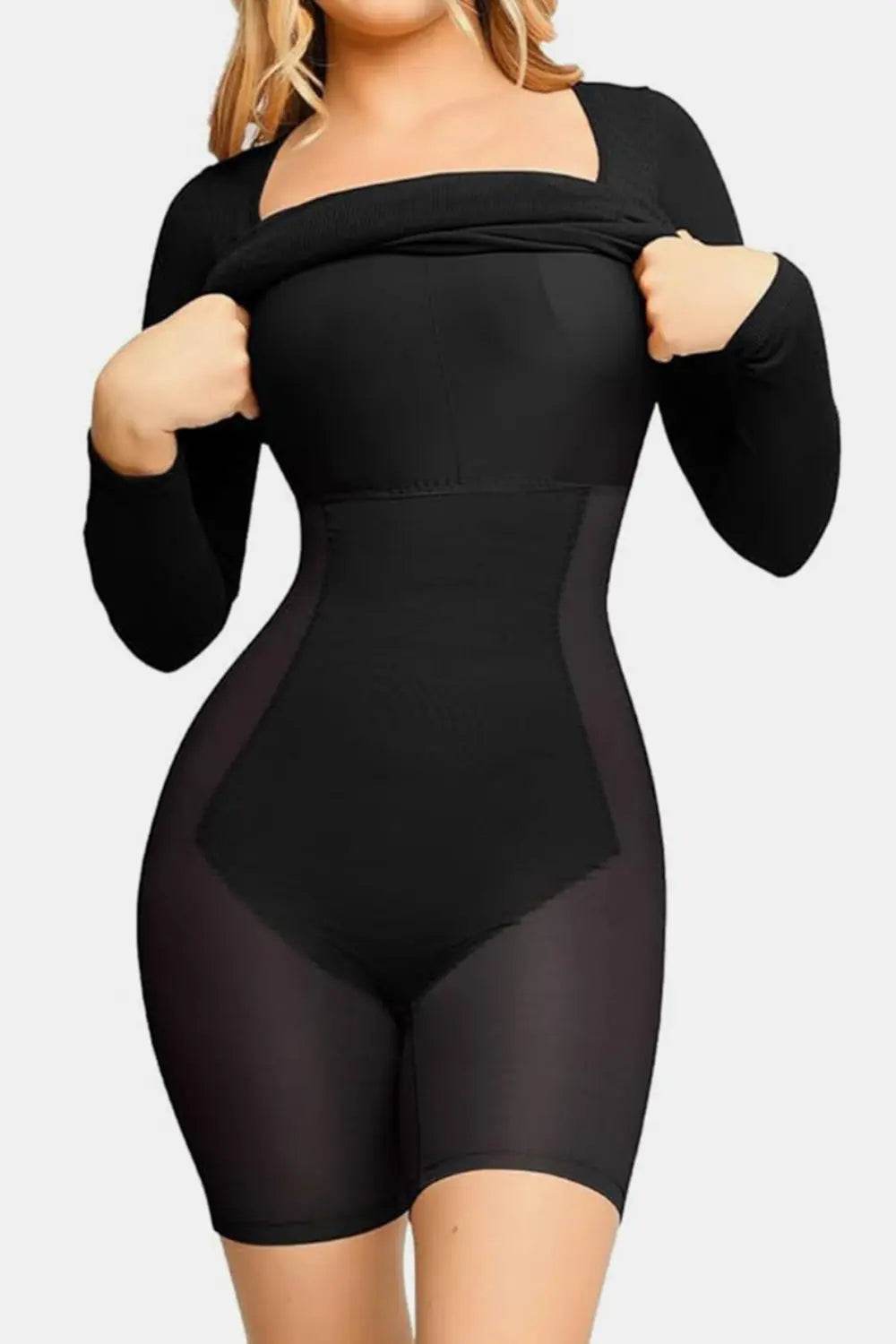 Basic Bae Full Size Built-In Shapewear Square Neck Long Sleeve Dress - Velveta Studio