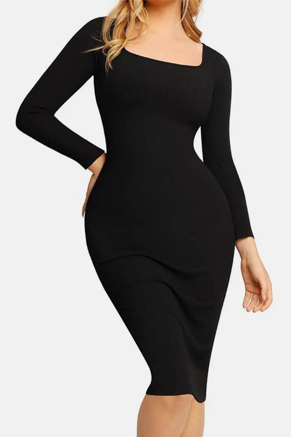 Basic Bae Full Size Built-In Shapewear Square Neck Long Sleeve Dress - Velveta Studio