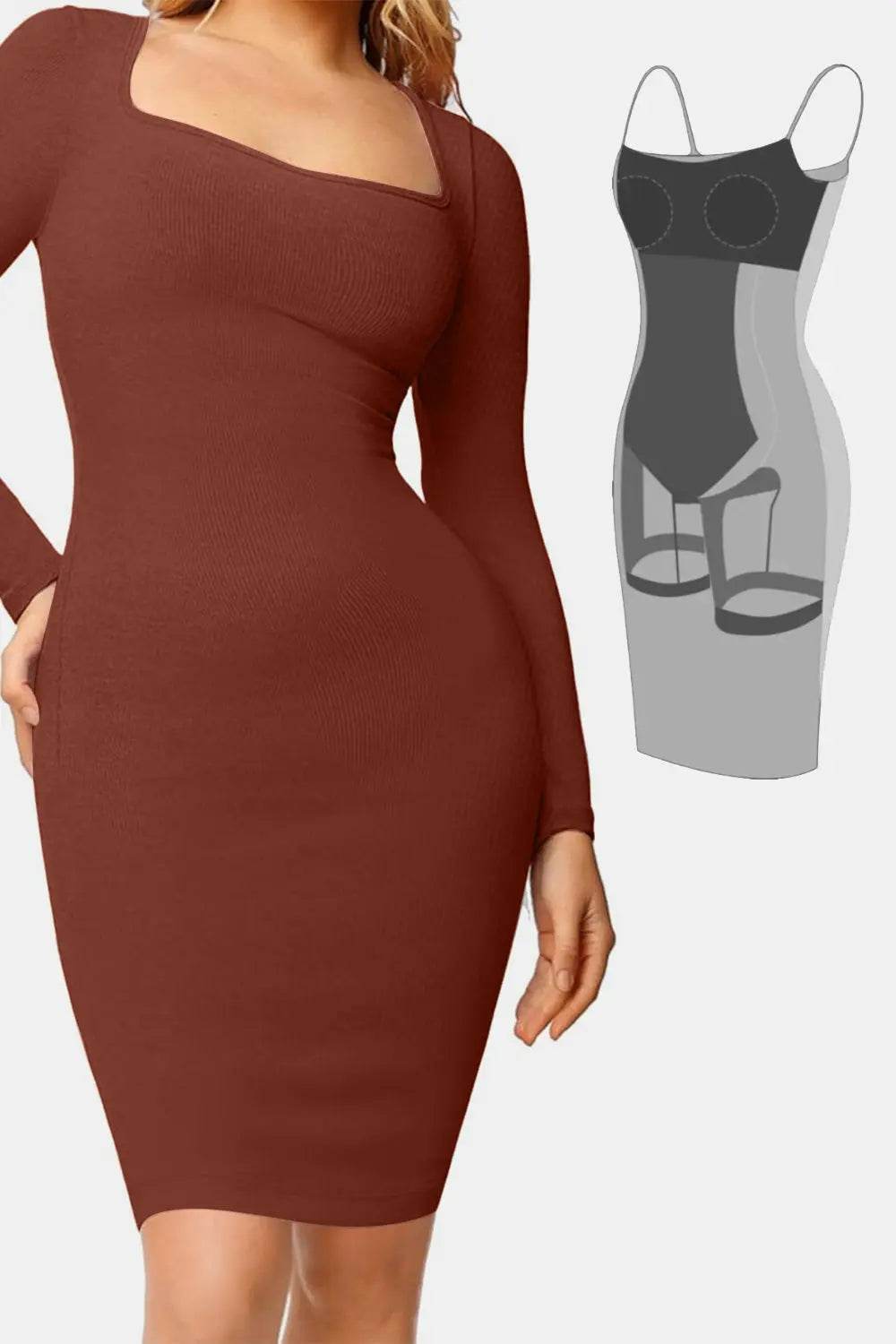 Basic Bae Full Size Built-In Shapewear Square Neck Long Sleeve Dress - Velveta Studio