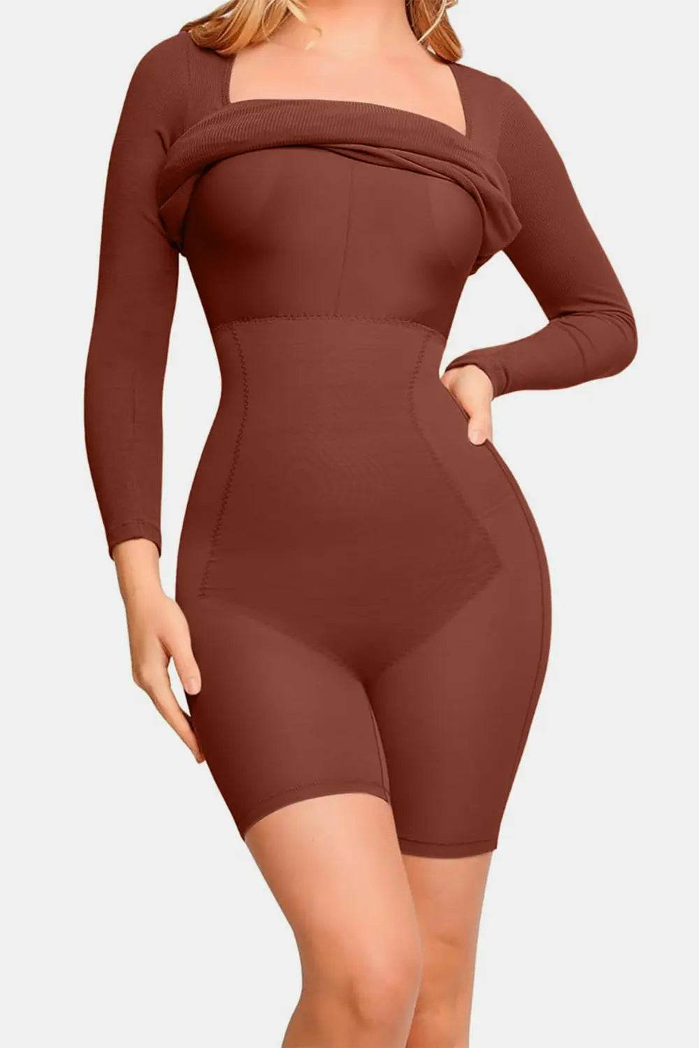 Basic Bae Full Size Built-In Shapewear Square Neck Long Sleeve Dress - Velveta Studio