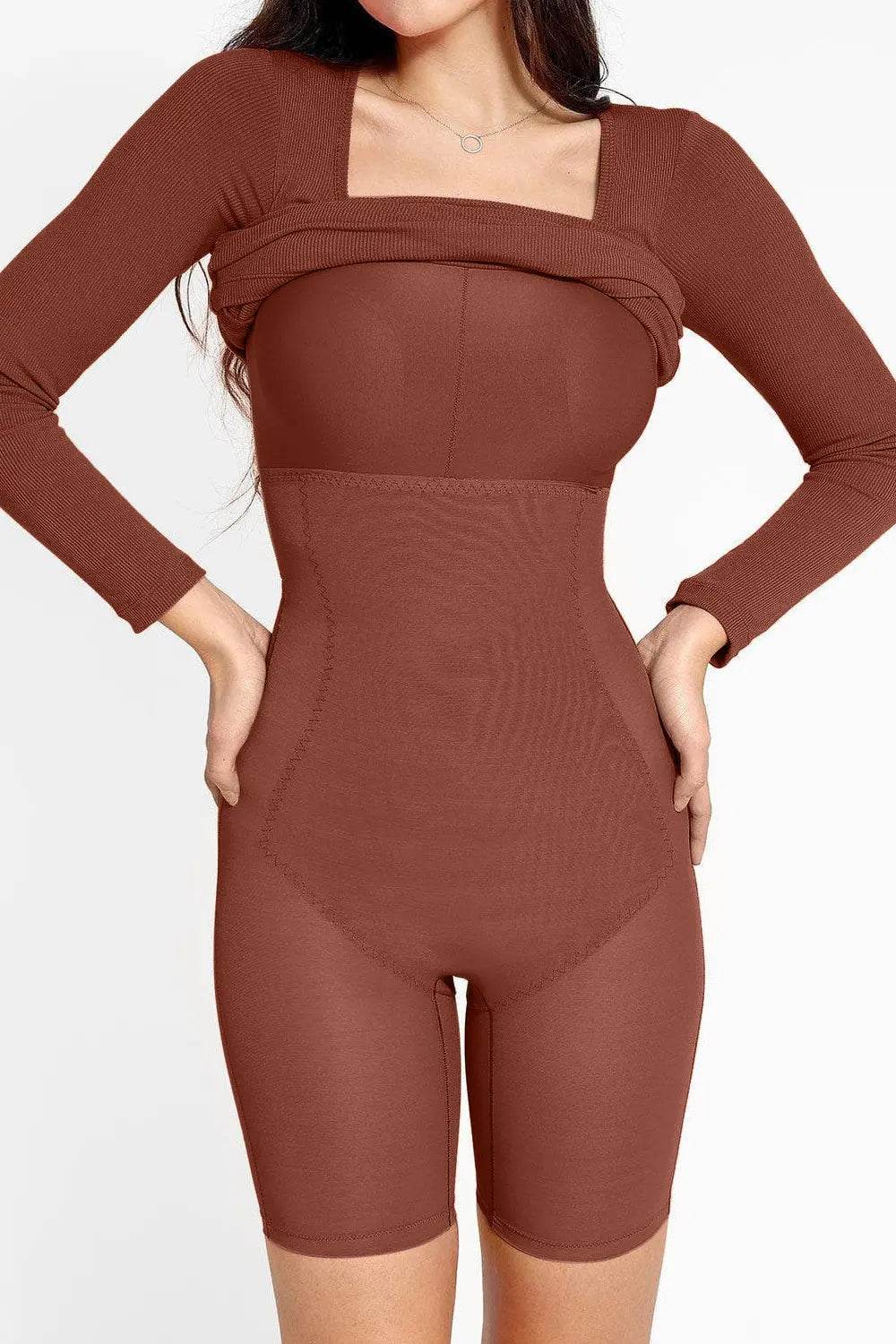 Basic Bae Full Size Built-In Shapewear Square Neck Long Sleeve Dress - Velveta Studio