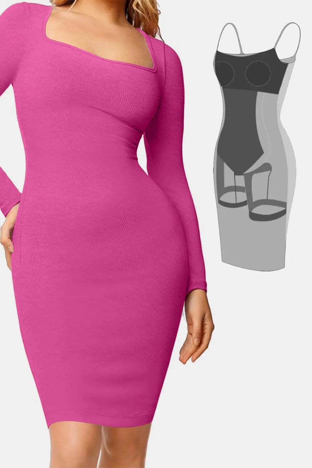 Basic Bae Full Size Built-In Shapewear Square Neck Long Sleeve Dress - Velveta Studio