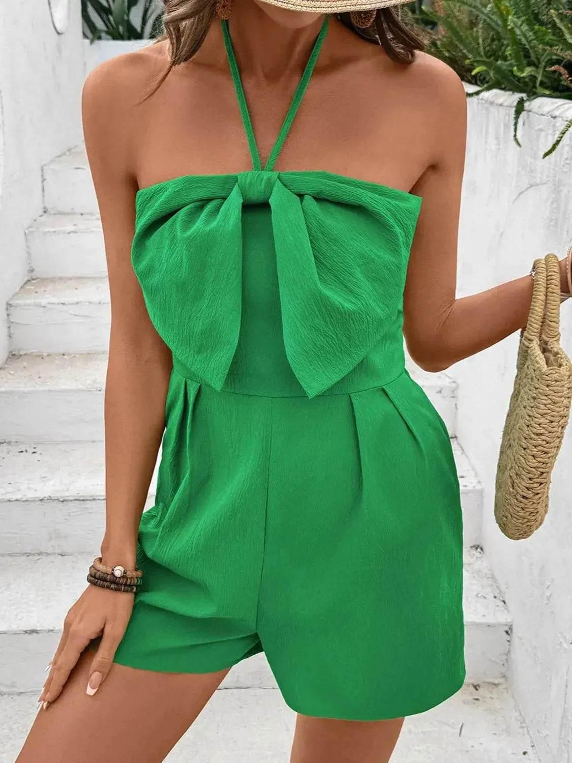 Bow Halter Neck Smocked Romper - Velveta Studio