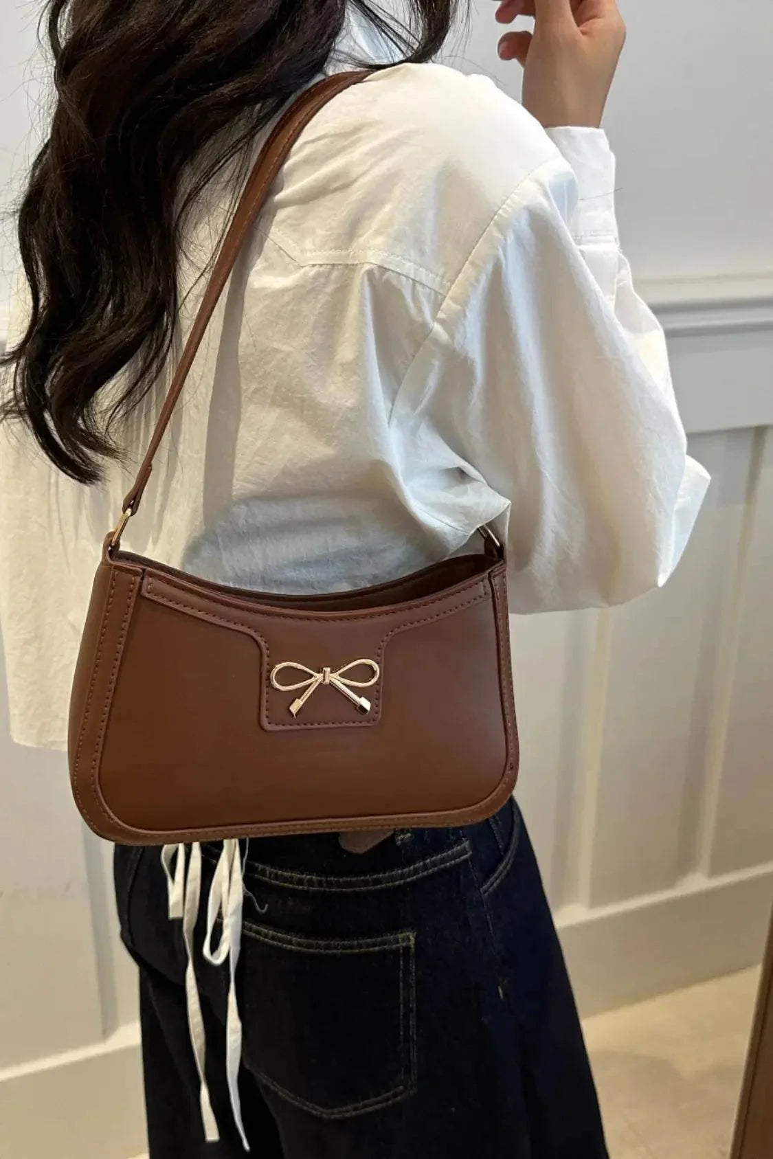 Bow Trim PU Leather Shoulder Bag - Velveta Studio