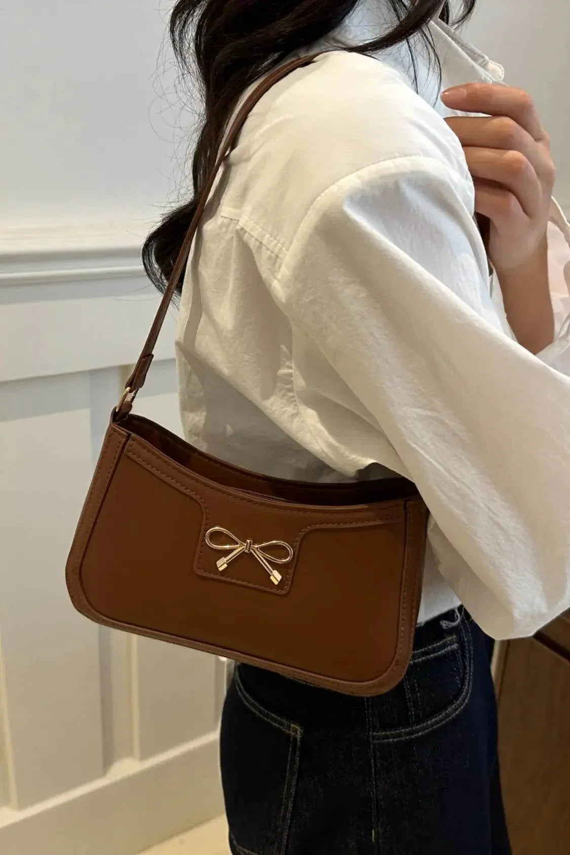 Bow Trim PU Leather Shoulder Bag - Velveta Studio