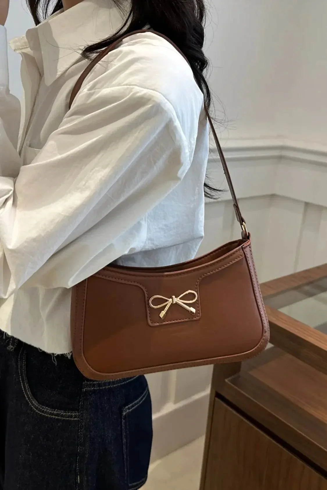 Bow Trim PU Leather Shoulder Bag - Velveta Studio