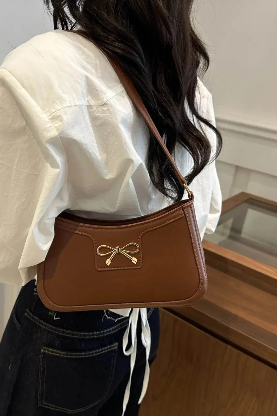 Bow Trim PU Leather Shoulder Bag - Velveta Studio
