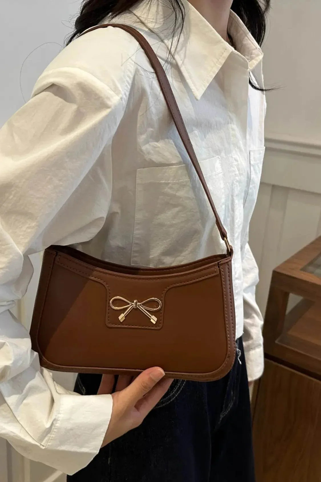 Bow Trim PU Leather Shoulder Bag - Velveta Studio