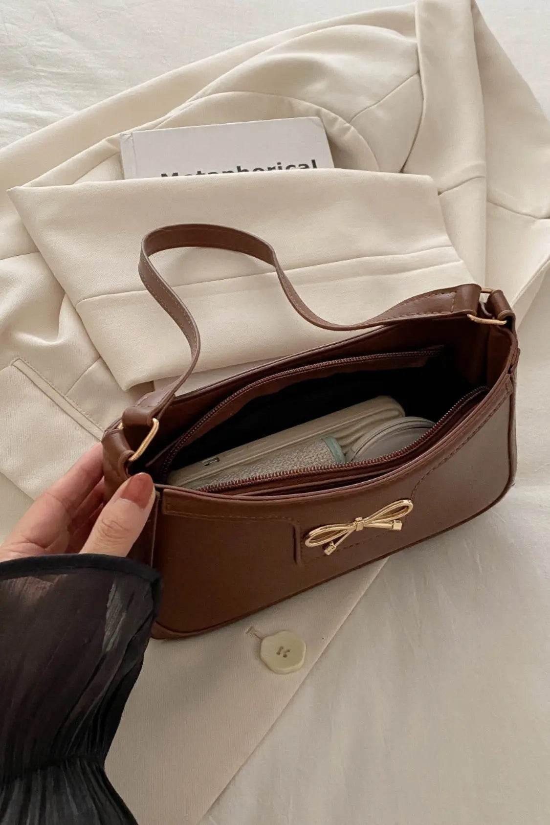 Bow Trim PU Leather Shoulder Bag - Velveta Studio