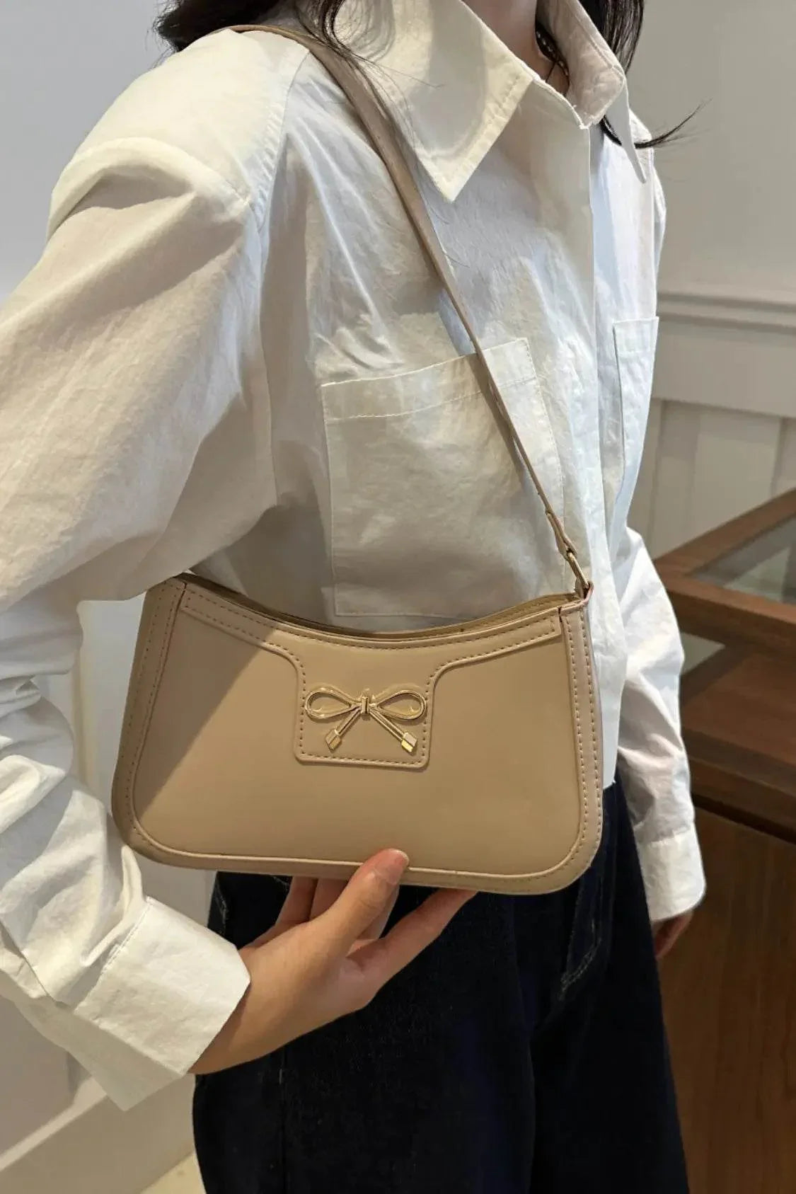 Bow Trim PU Leather Shoulder Bag - Velveta Studio