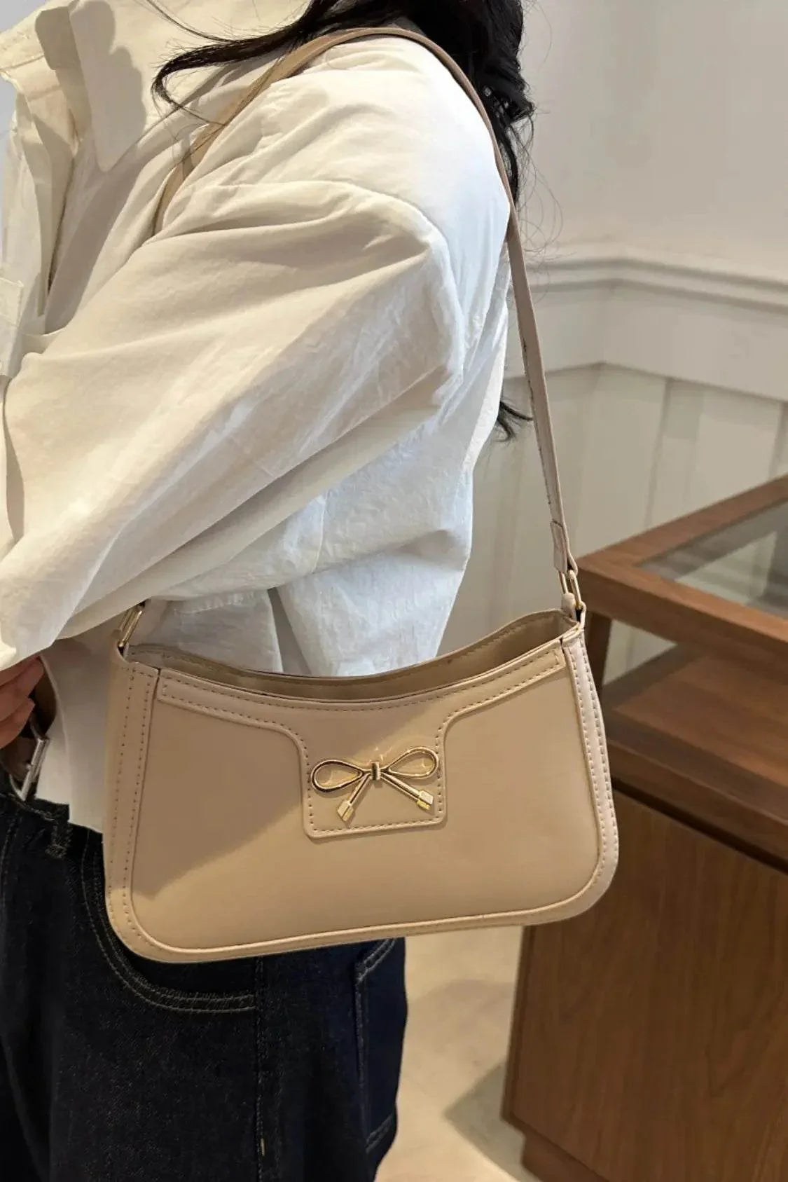 Bow Trim PU Leather Shoulder Bag - Velveta Studio