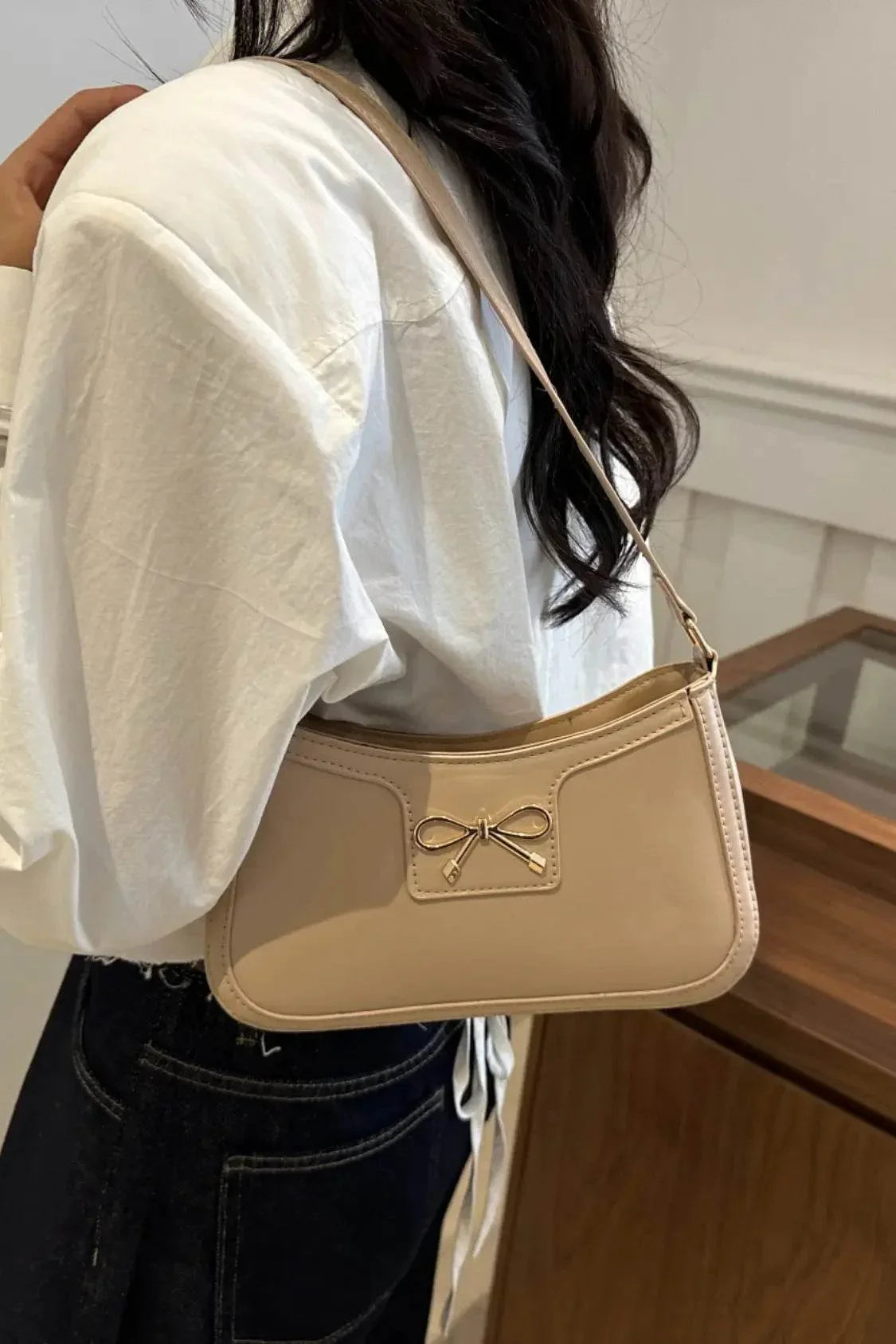 Bow Trim PU Leather Shoulder Bag - Velveta Studio