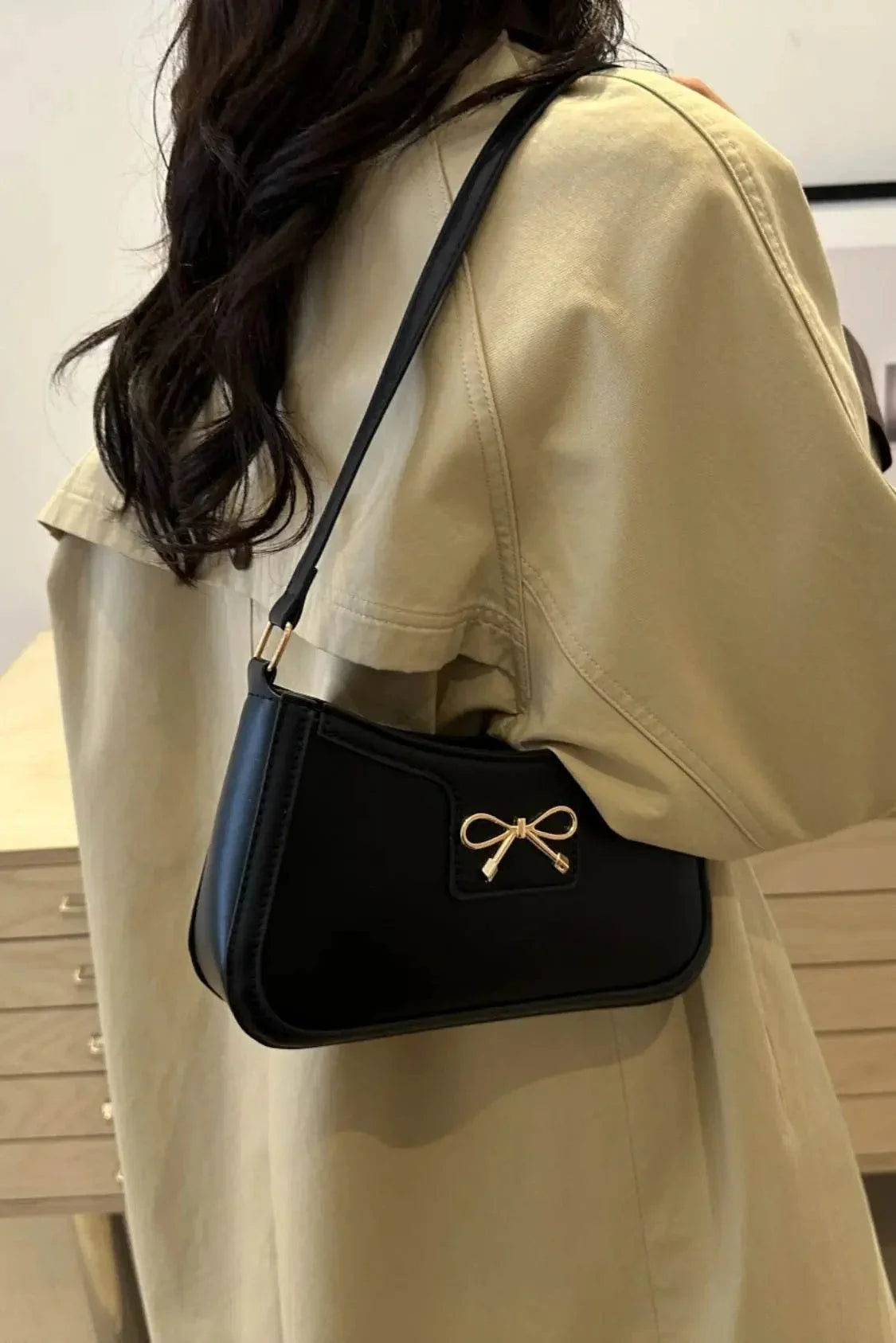 Bow Trim PU Leather Shoulder Bag - Velveta Studio