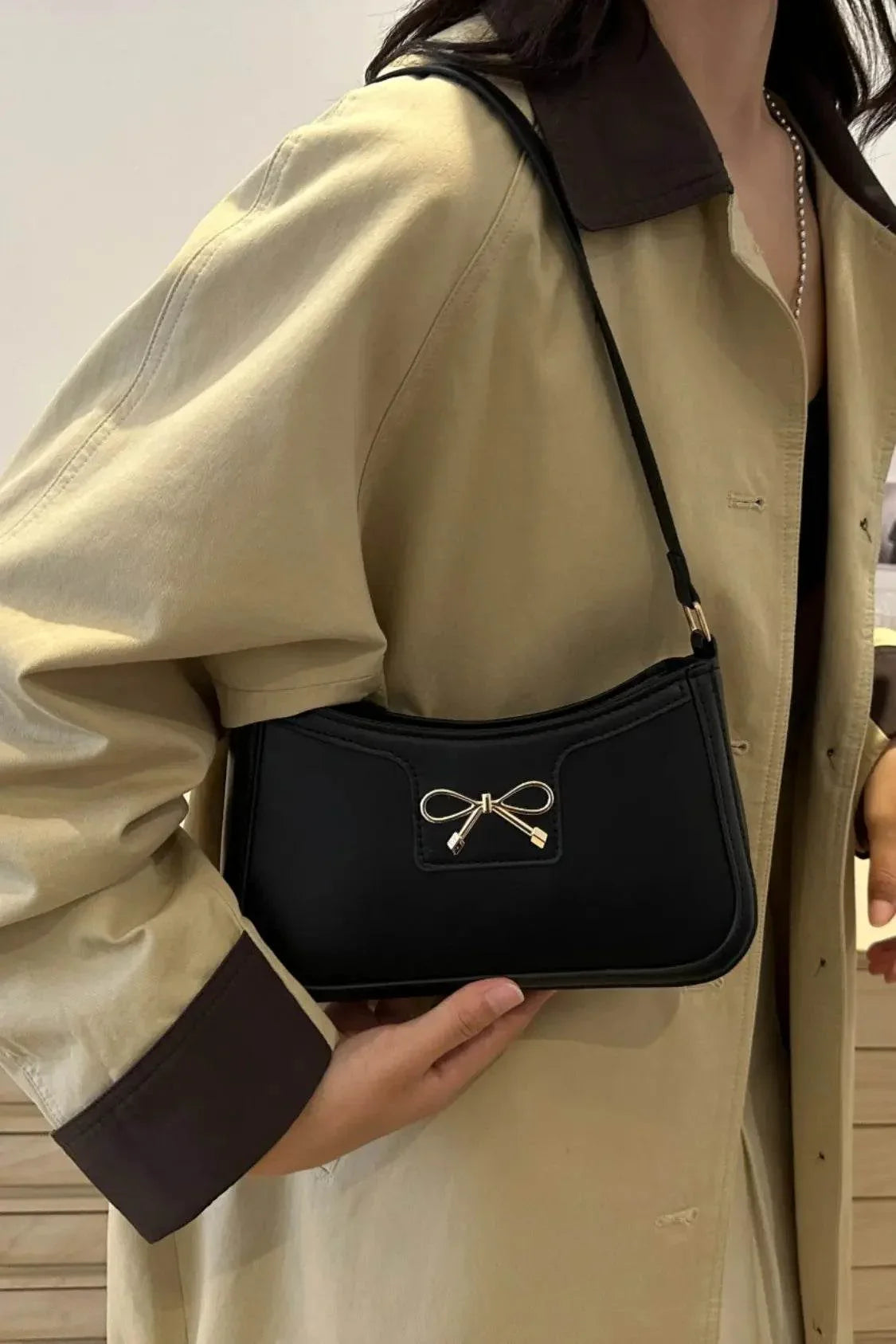 Bow Trim PU Leather Shoulder Bag - Velveta Studio
