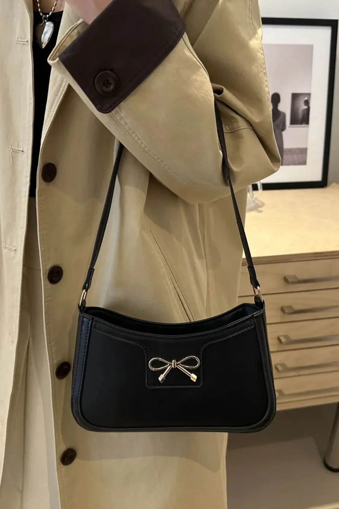 Bow Trim PU Leather Shoulder Bag - Velveta Studio