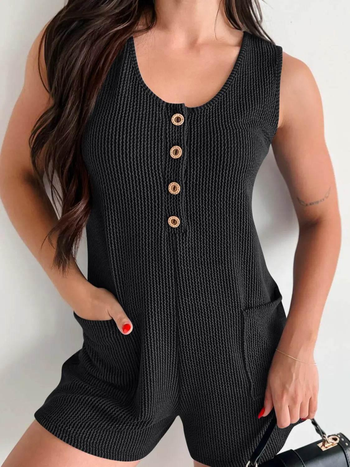 Button Detail Wide Strap Romper - Velveta Studio
