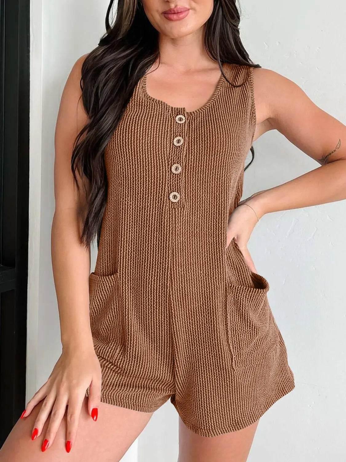 Button Detail Wide Strap Romper - Velveta Studio