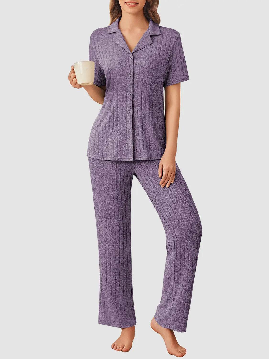 Button Down Long Sleeve Top and Pants Lounge Set - Velveta Studio