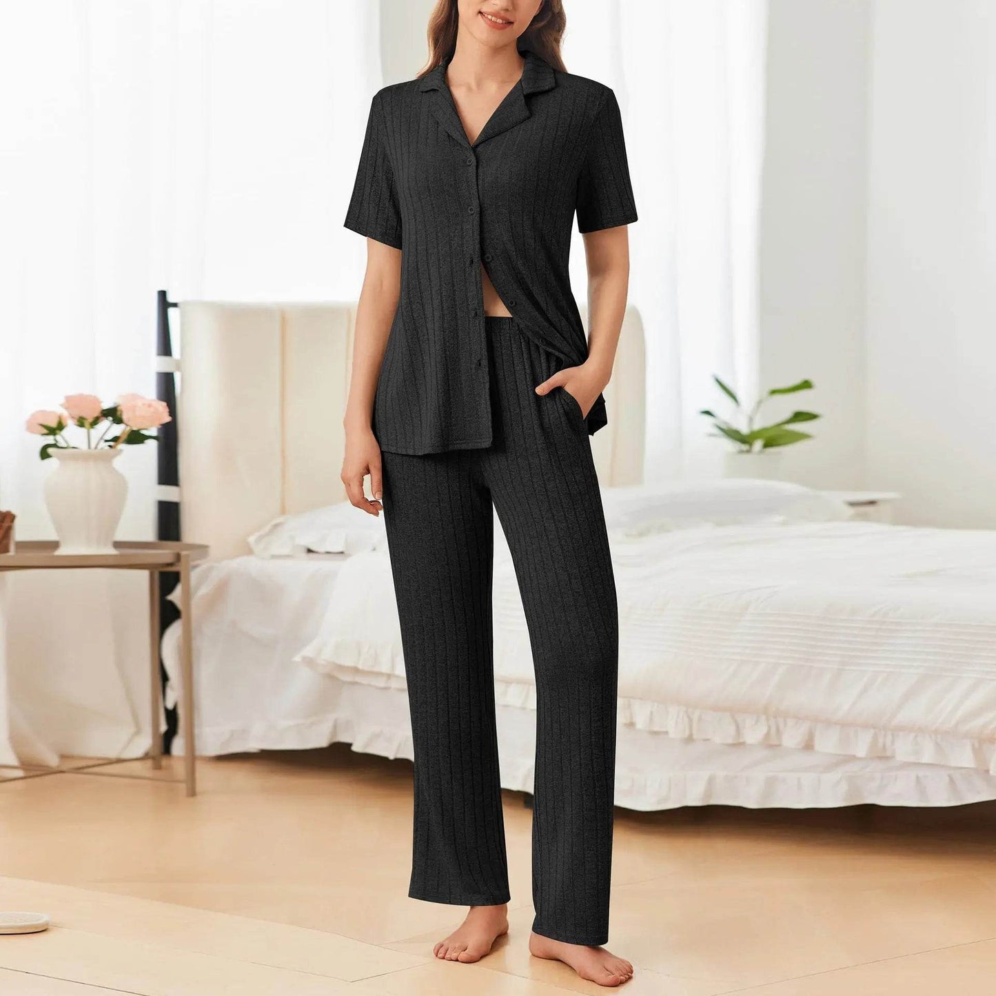 Button Down Long Sleeve Top and Pants Lounge Set - Velveta Studio