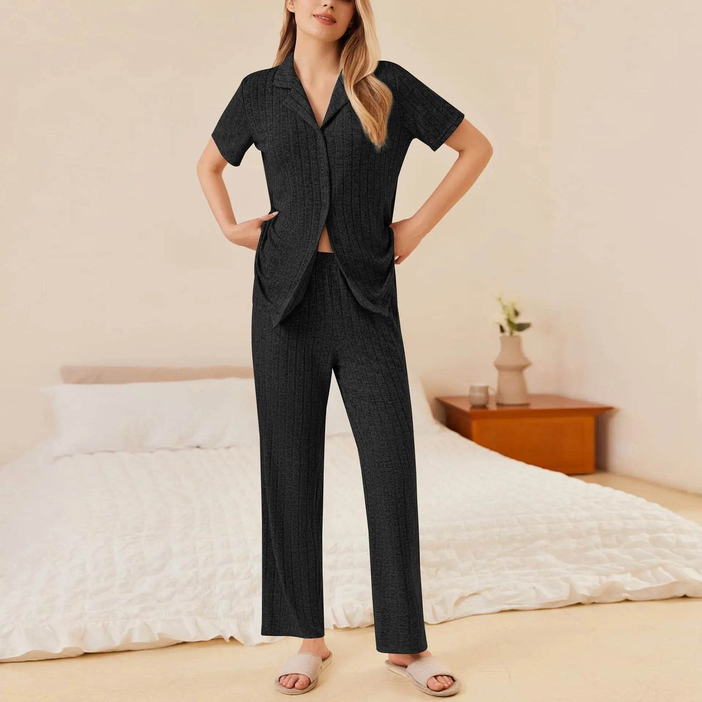 Button Down Long Sleeve Top and Pants Lounge Set - Velveta Studio