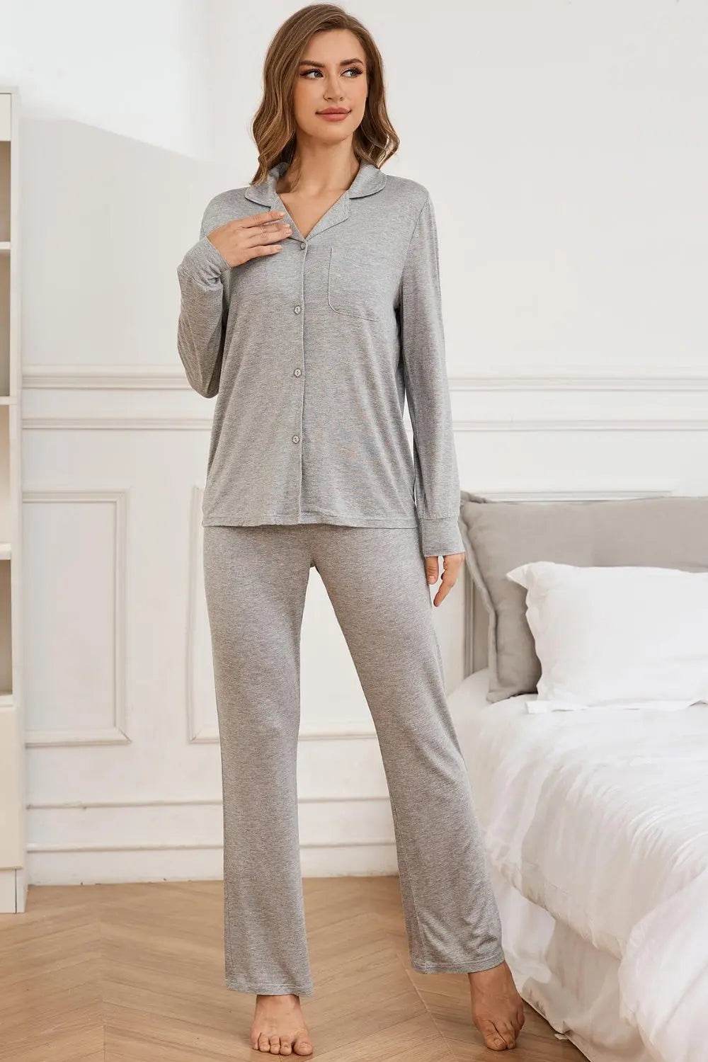 Button Up Long Sleeve Top and Pants Lounge Set - Velveta Studio
