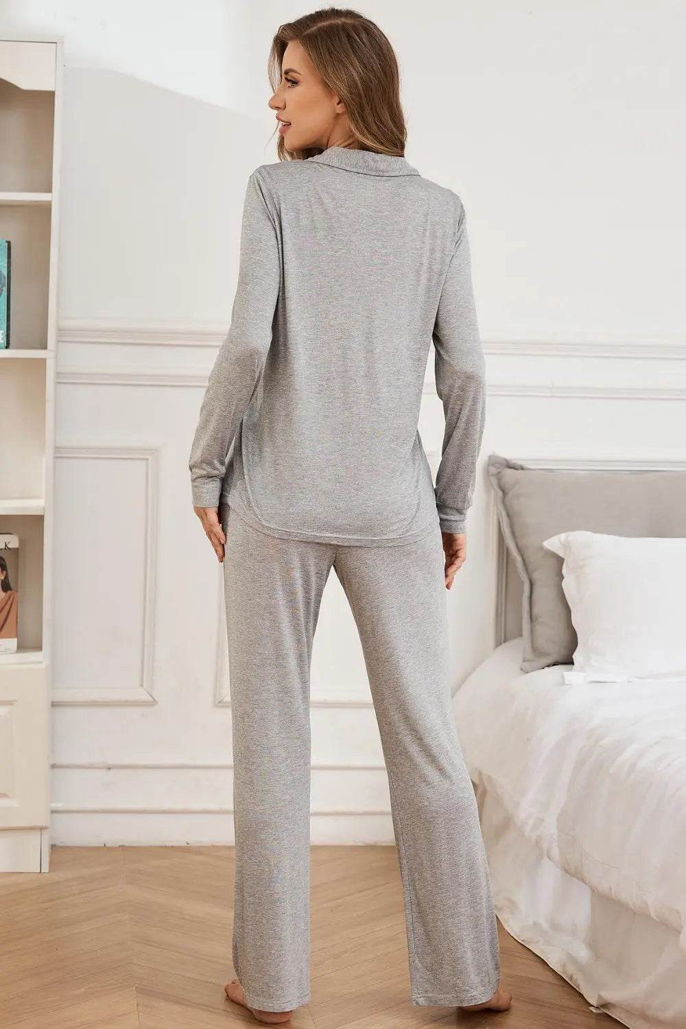 Button Up Long Sleeve Top and Pants Lounge Set - Velveta Studio
