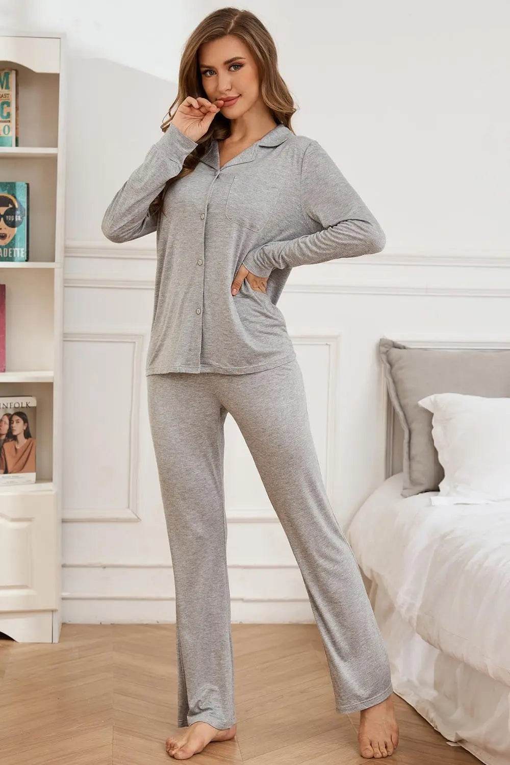 Button Up Long Sleeve Top and Pants Lounge Set - Velveta Studio