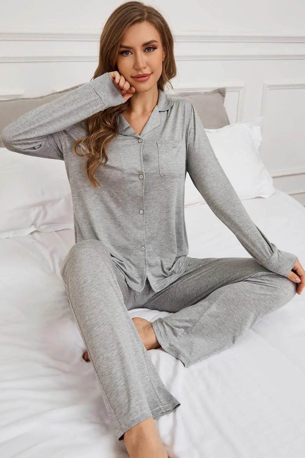 Button Up Long Sleeve Top and Pants Lounge Set - Velveta Studio