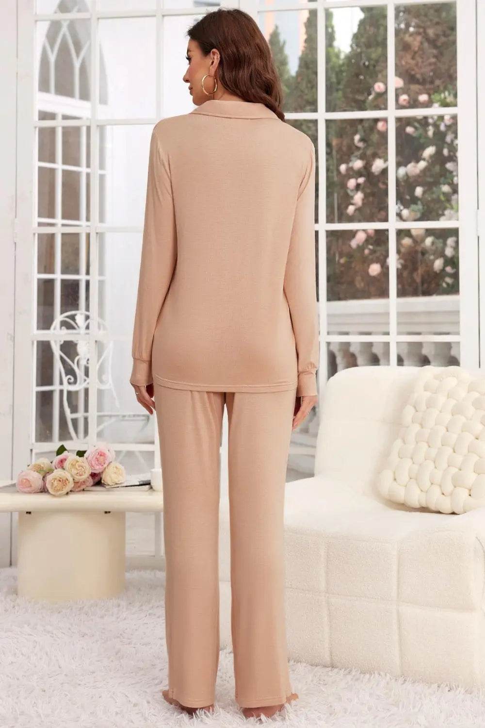 Button Up Long Sleeve Top and Pants Lounge Set - Velveta Studio
