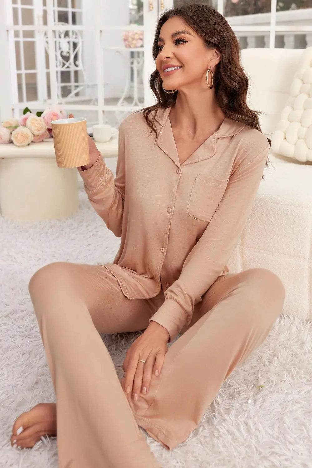 Button Up Long Sleeve Top and Pants Lounge Set - Velveta Studio