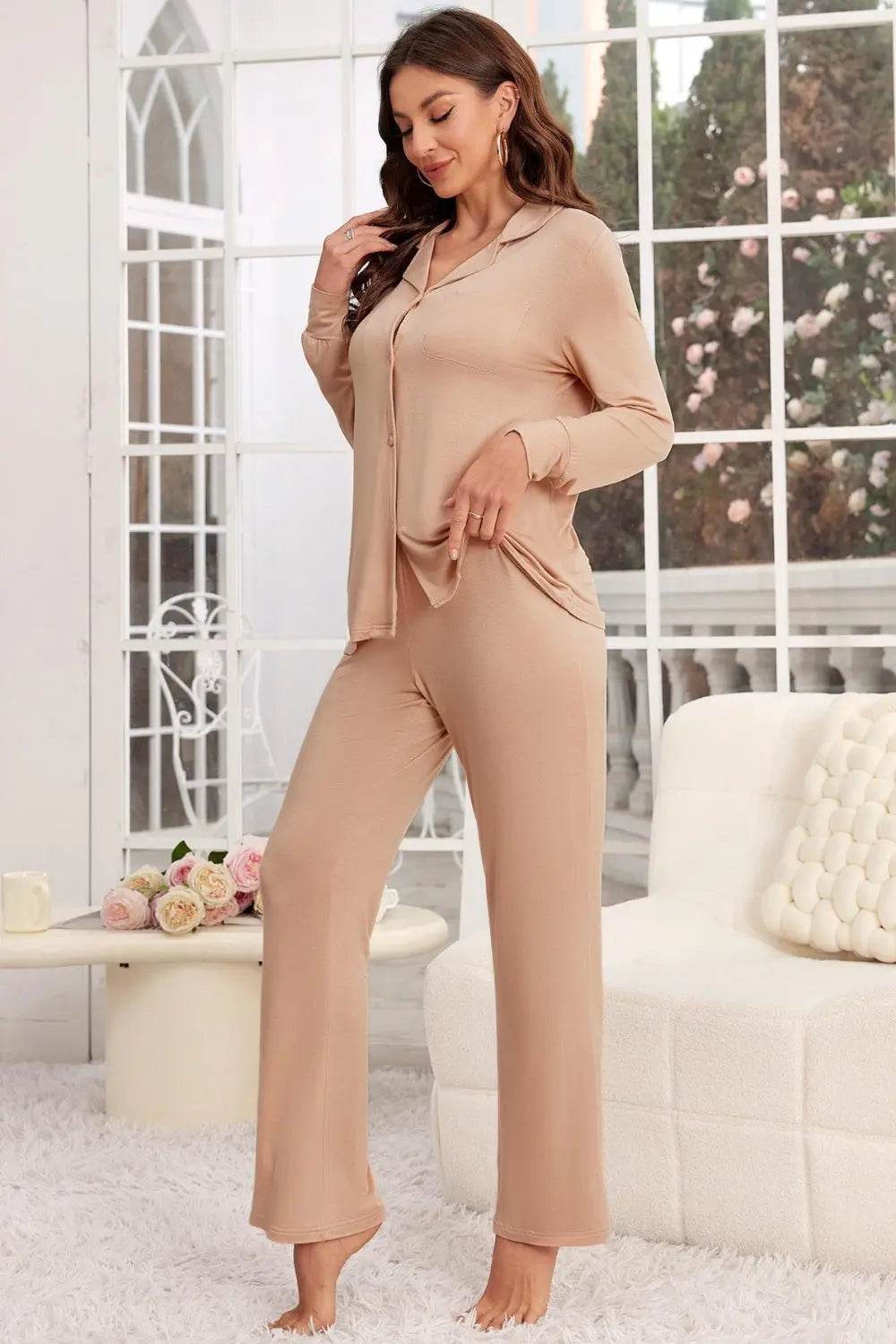 Button Up Long Sleeve Top and Pants Lounge Set - Velveta Studio
