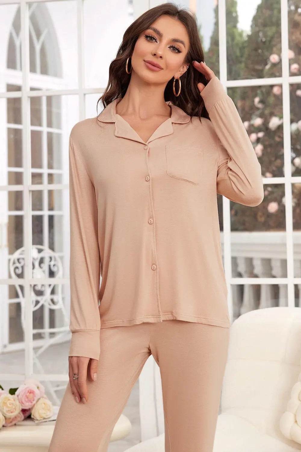 Button Up Long Sleeve Top and Pants Lounge Set - Velveta Studio