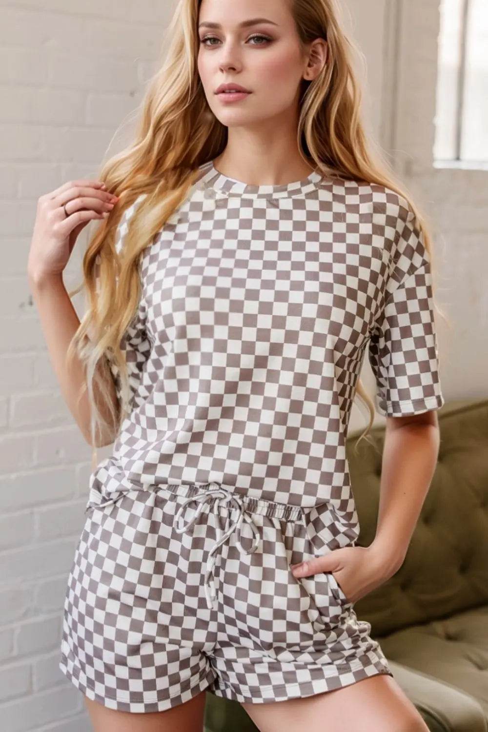 Checkered Round Neck Top and Shorts Set - Velveta Studio