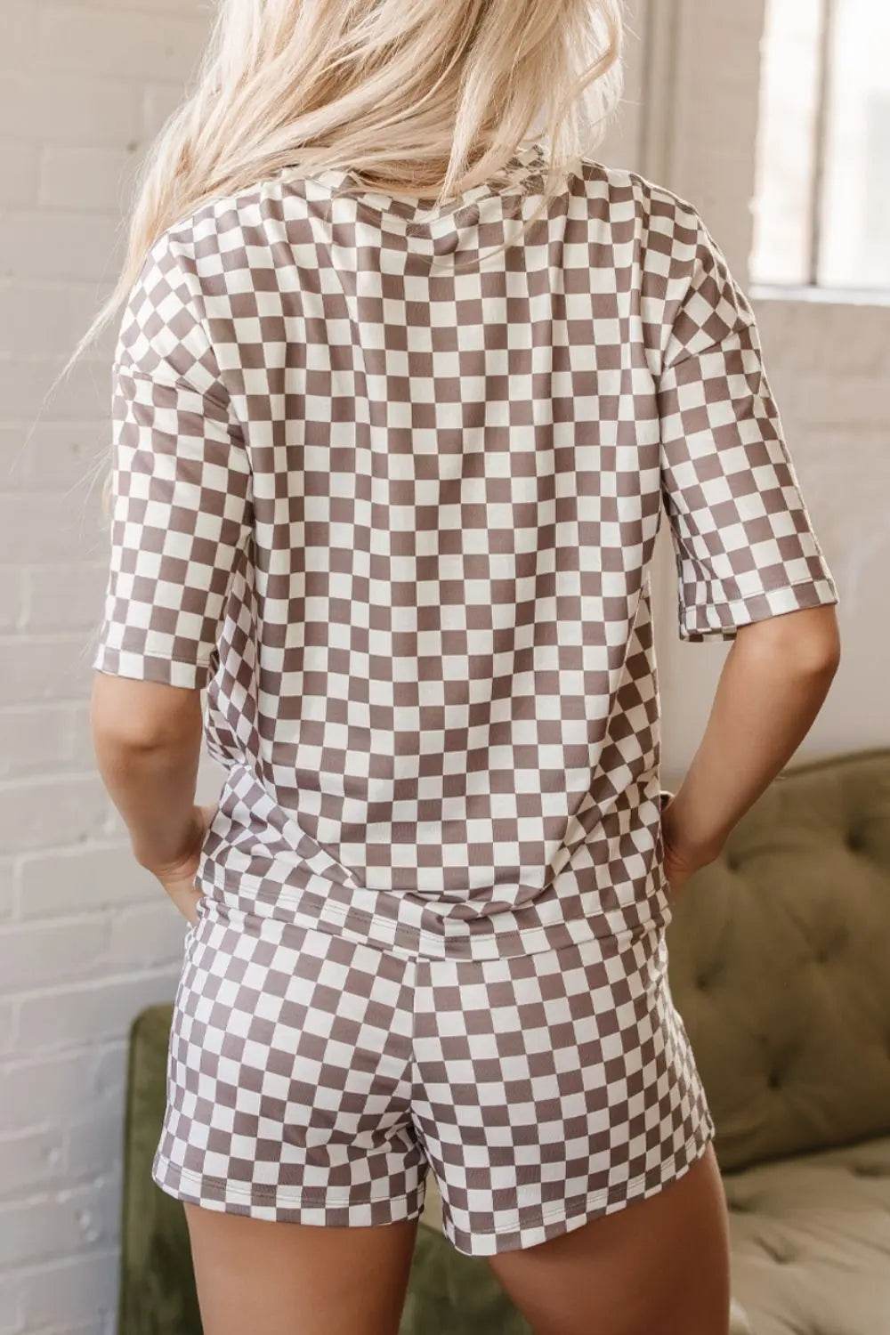Checkered Round Neck Top and Shorts Set - Velveta Studio
