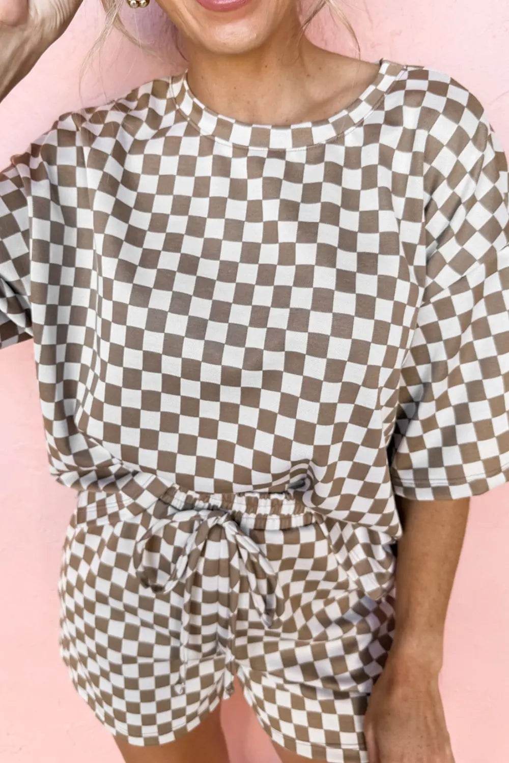 Checkered Round Neck Top and Shorts Set - Velveta Studio