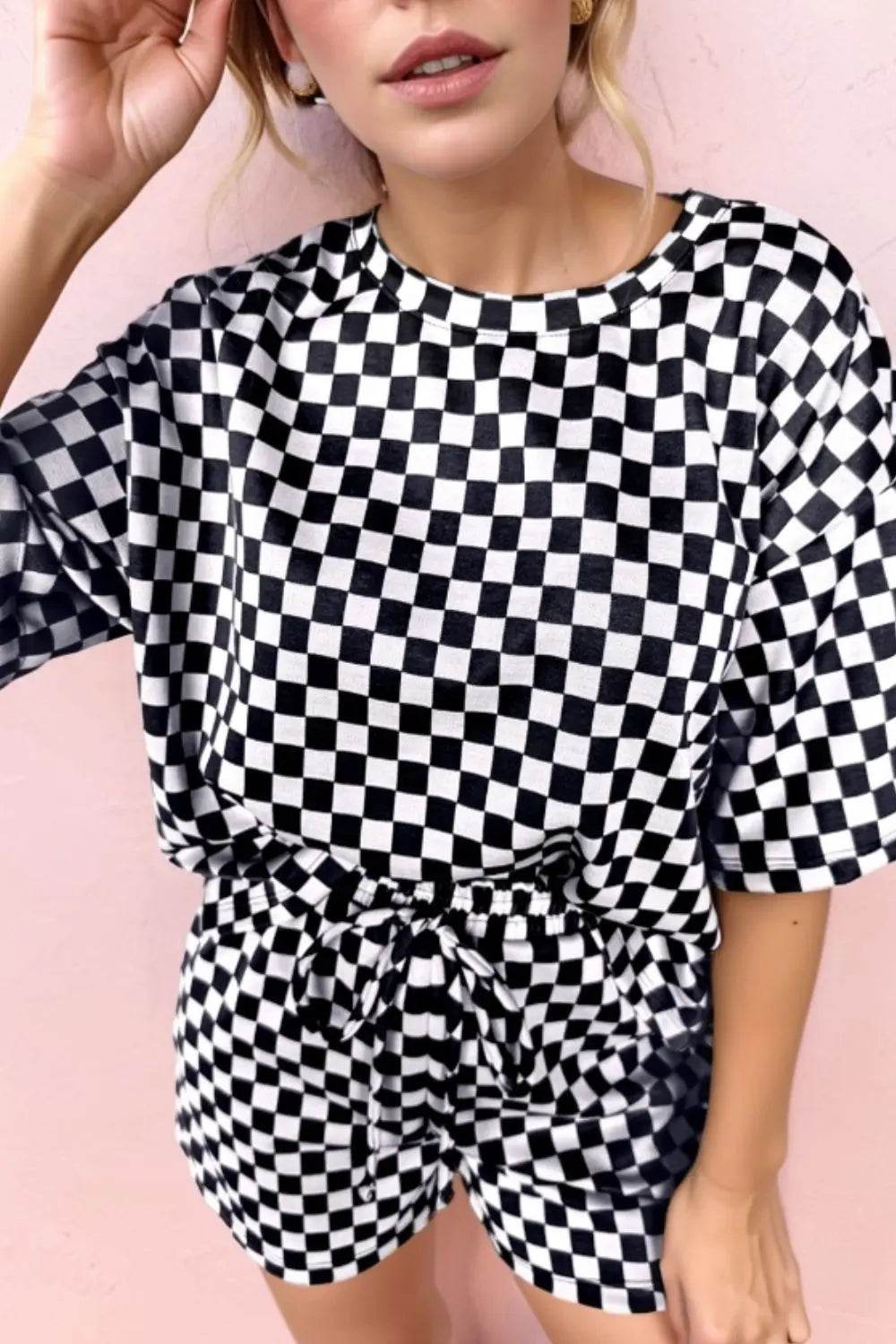 Checkered Round Neck Top and Shorts Set - Velveta Studio