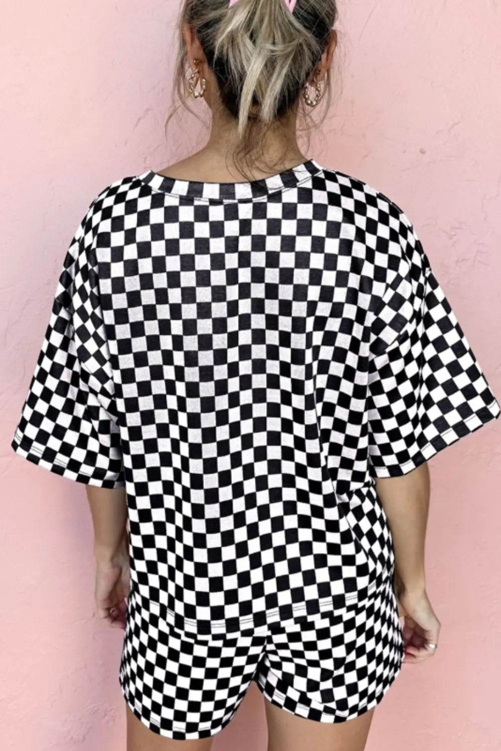 Checkered Round Neck Top and Shorts Set - Velveta Studio