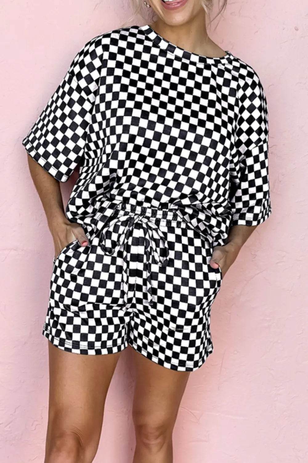 Checkered Round Neck Top and Shorts Set - Velveta Studio