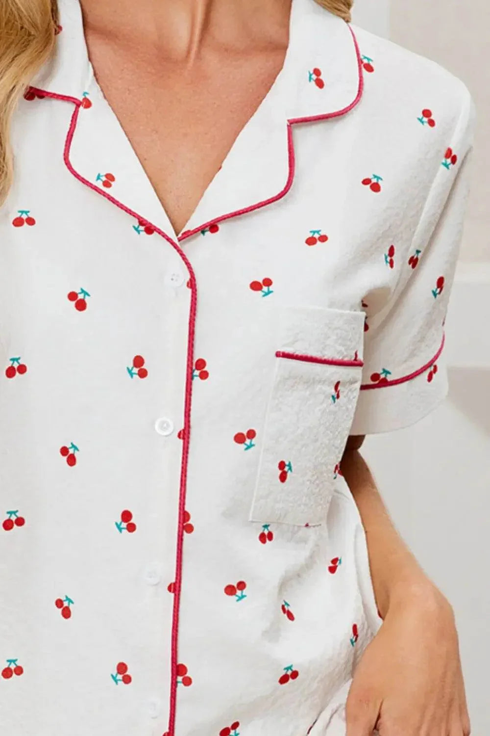 Cheery Print Collared Neck Top and Shorts Lounge Set - Velveta Studio
