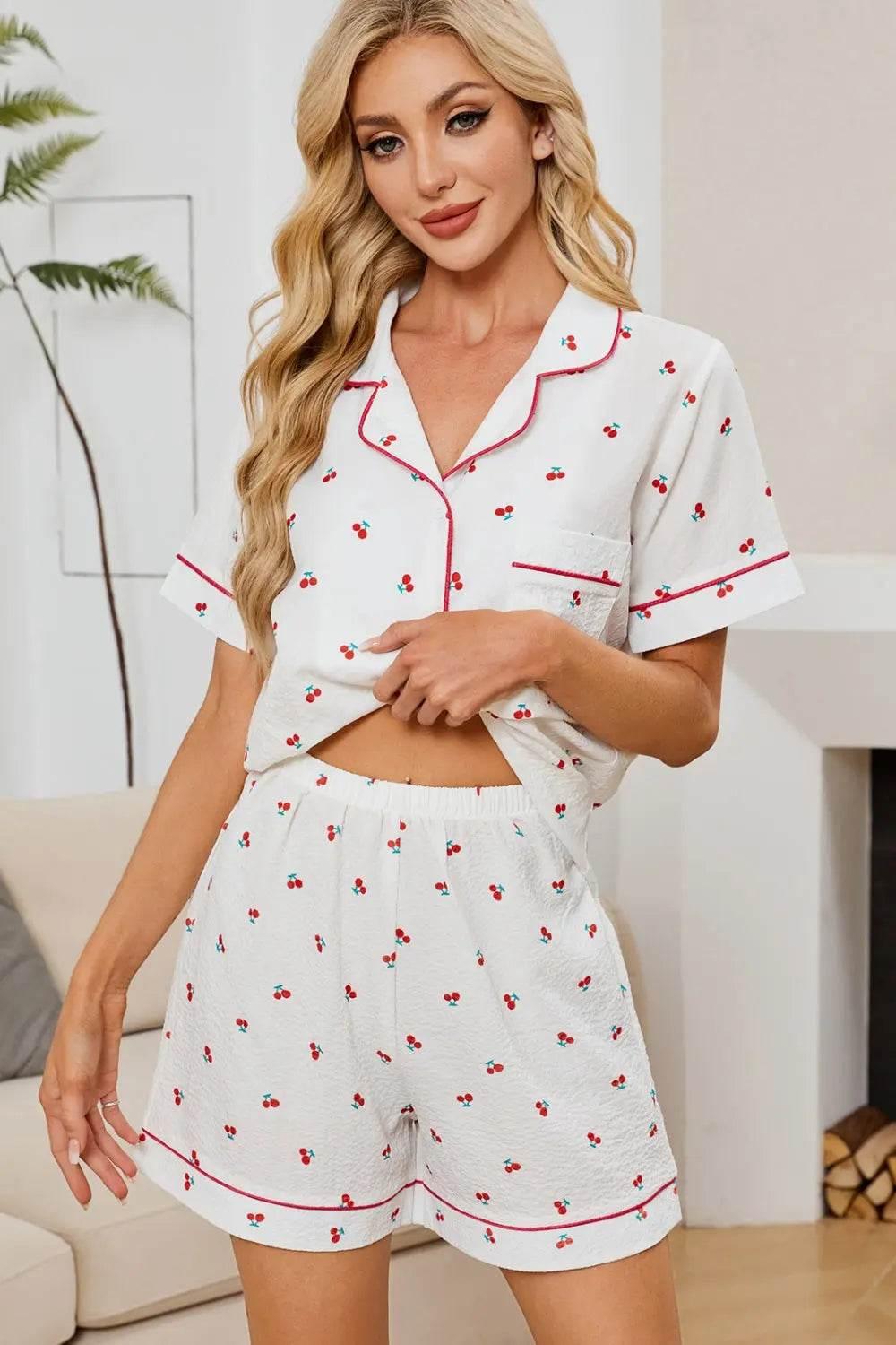 Cheery Print Collared Neck Top and Shorts Lounge Set - Velveta Studio