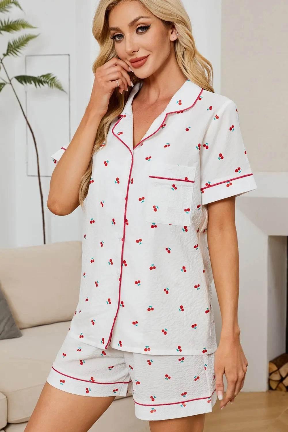 Cheery Print Collared Neck Top and Shorts Lounge Set - Velveta Studio